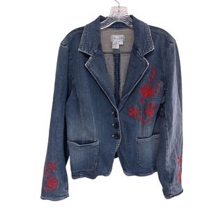 Live a Little Denim Blue Jean Jacket Women XL Floral Boho Y2K Stretch Button Up